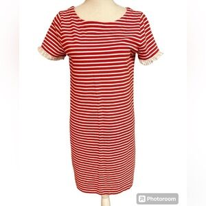 J. Crew Factory Red/White Shortsleeved Cotton Shift Dress Lace Sleeve Hem Small
